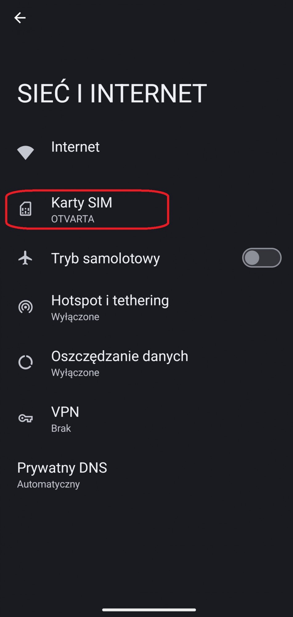 okno ustawień z zaznaczoną opcją Karty SIM