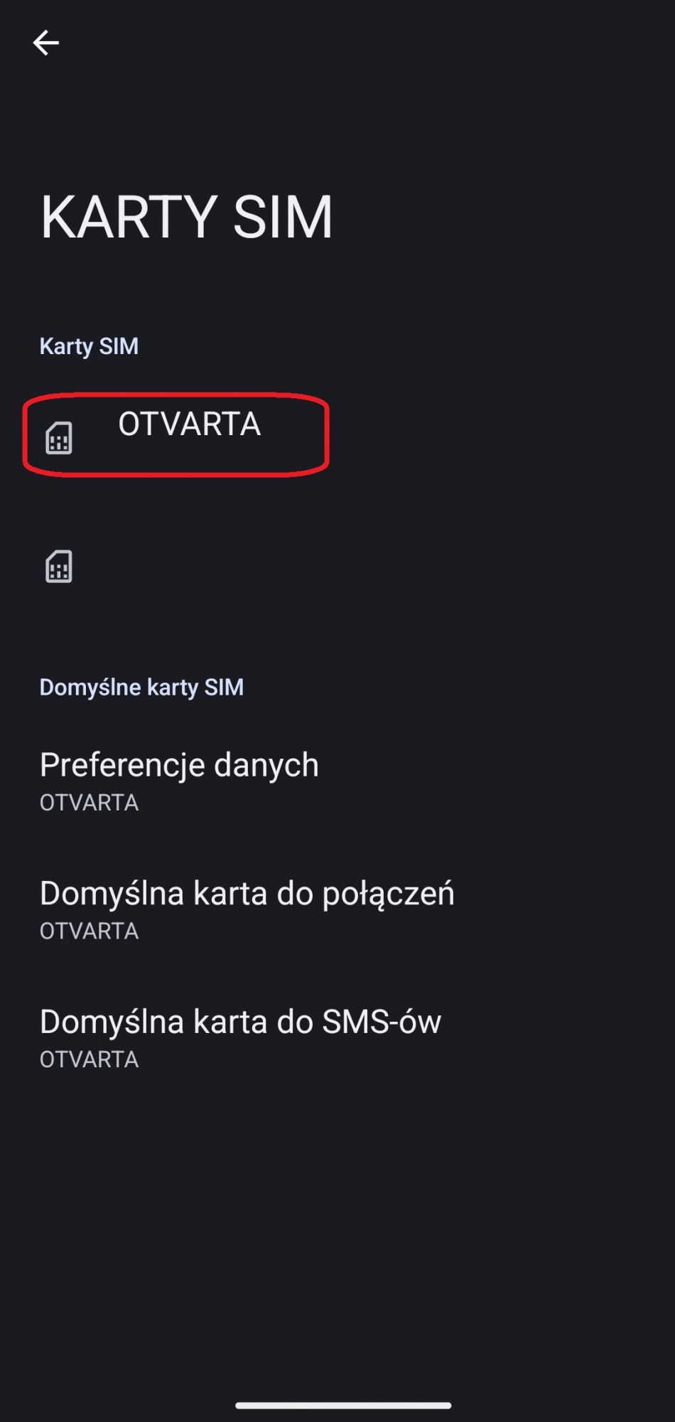 okno ustawień kart sim z zaznaczoną kartą OTVARTA